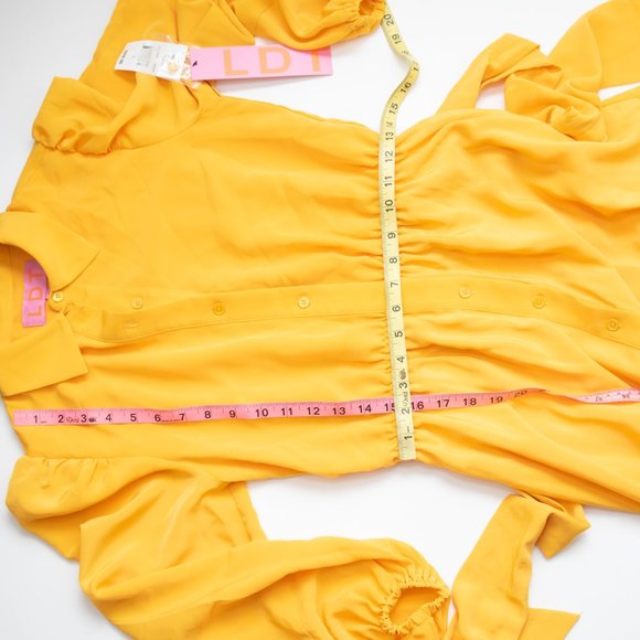 LDT Shirt Dress Long Sleeve Midi Button Front Belted Bright Yellow Size 0 New - Picture 6 of 7